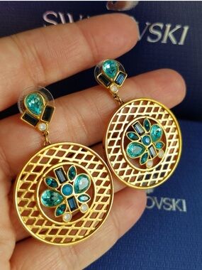 AUTHENTIC Swarovski 18k Gold Plated Cyan Circle Drop Earrings NEW